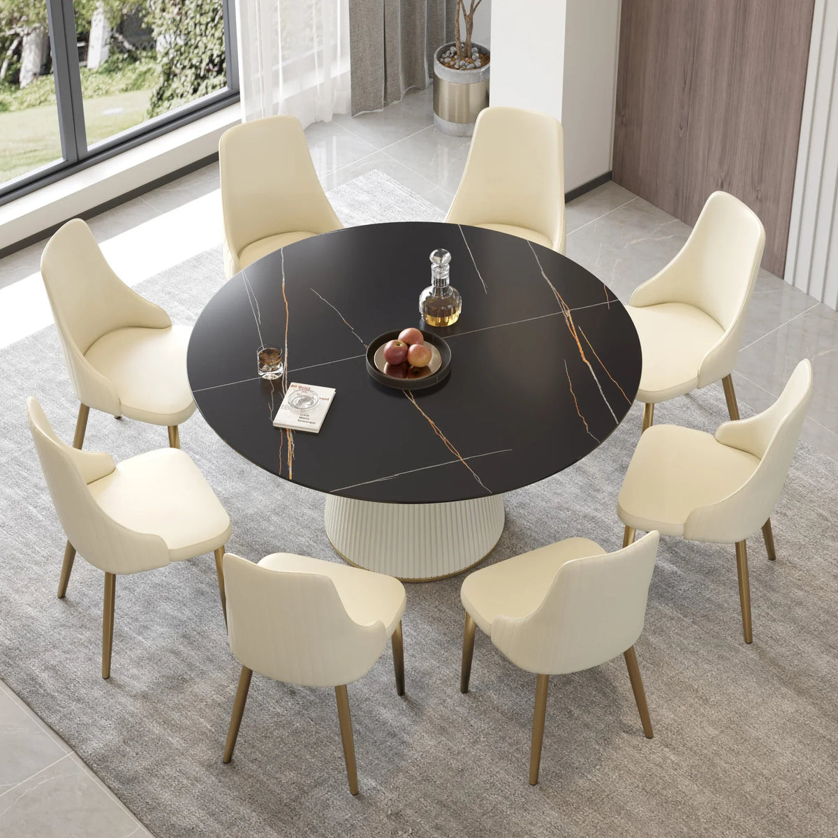 Marbella Sintered Stone Dining Table | 59" Matte Black Round With Leather-Covered Base