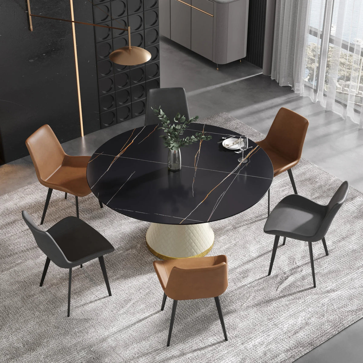 Marbella Sintered Stone Dining Table | 59" Matte Black Round With Leather-Covered Base