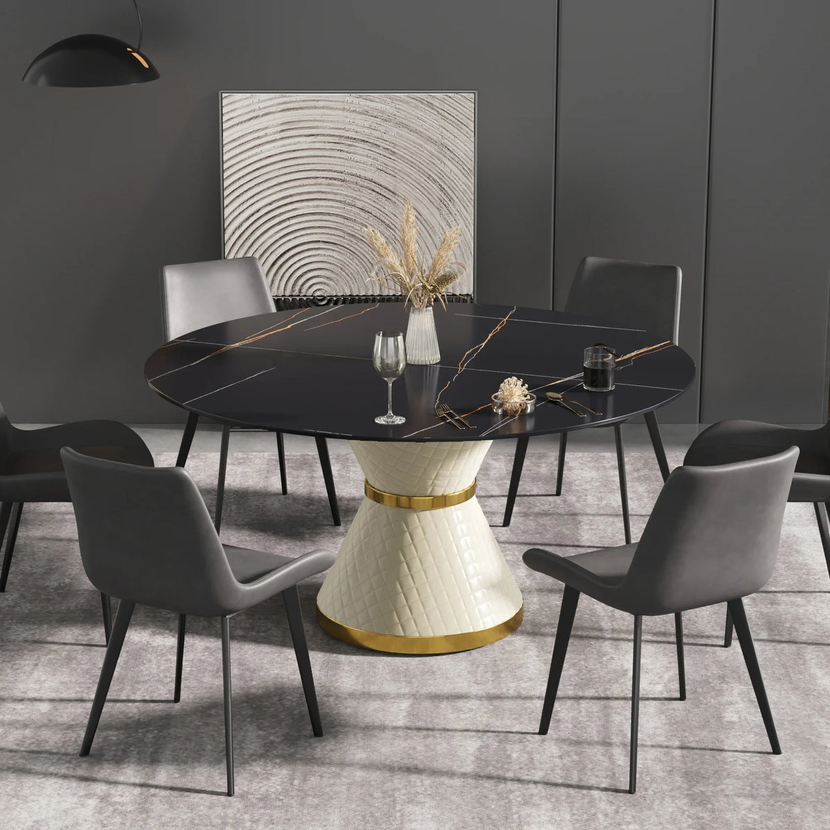 Marbella Sintered Stone Dining Table | 59" Matte Black Round With Leather-Covered Base