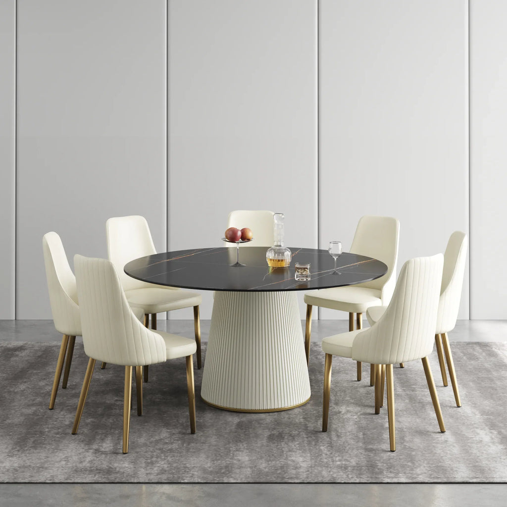 Marbella Sintered Stone Dining Table | 59" Matte Black Round With Leather-Covered Base