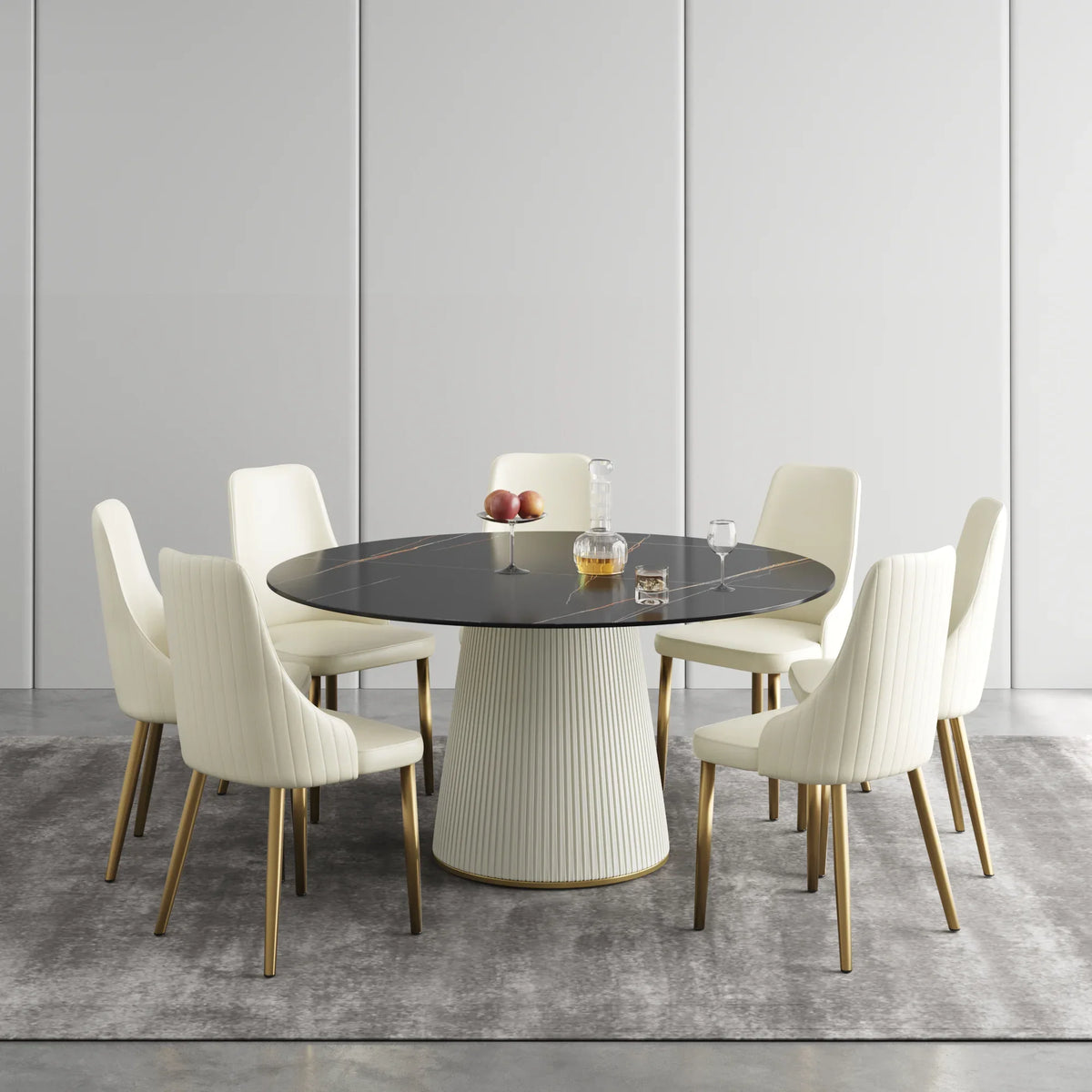 Marbella Sintered Stone Dining Table | 59" Matte Black Round With Leather-Covered Base