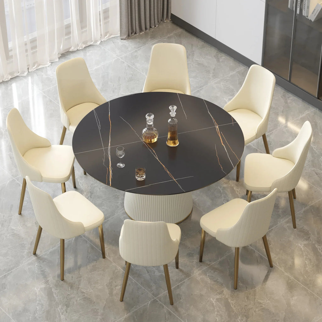 Marbella Sintered Stone Dining Table | 59" Matte Black Round With Leather-Covered Base
