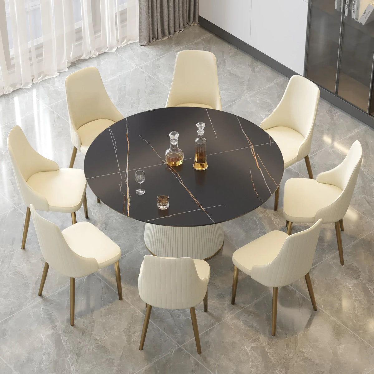 Marbella Sintered Stone Dining Table | 59" Matte Black Round With Leather-Covered Base