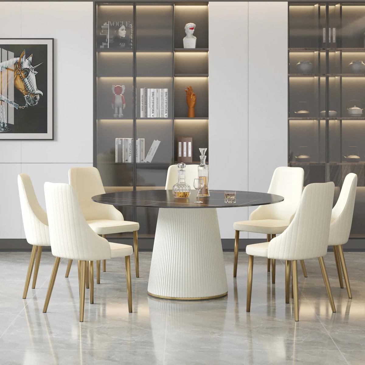 Marbella Sintered Stone Dining Table | 59" Matte Black Round With Leather-Covered Base