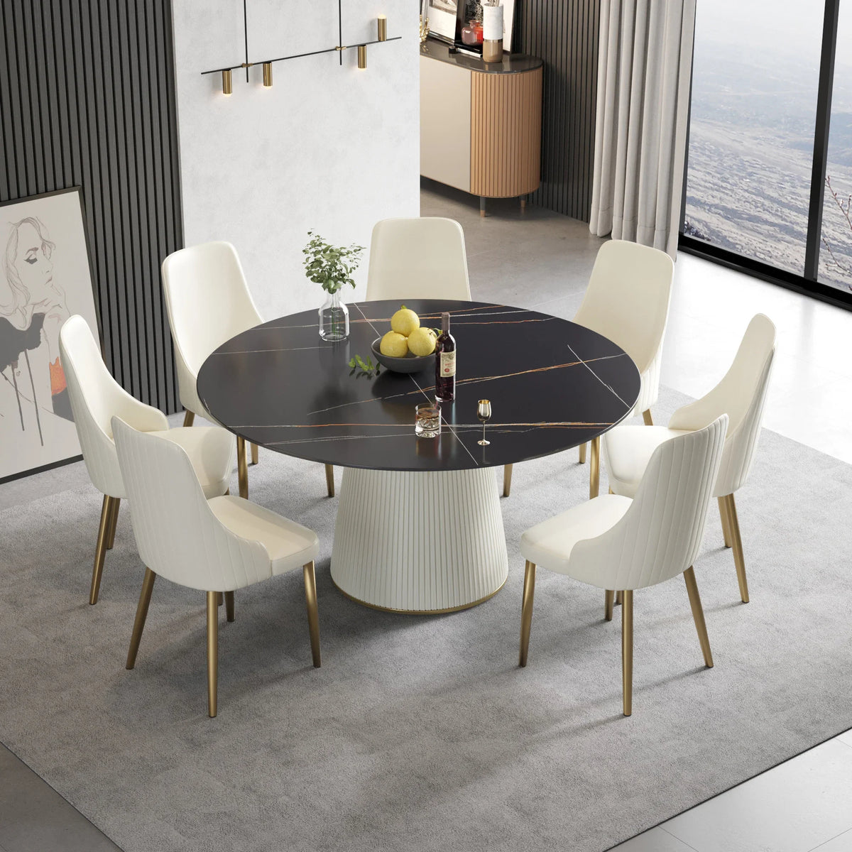 Marbella Sintered Stone Dining Table | 59" Matte Black Round With Leather-Covered Base