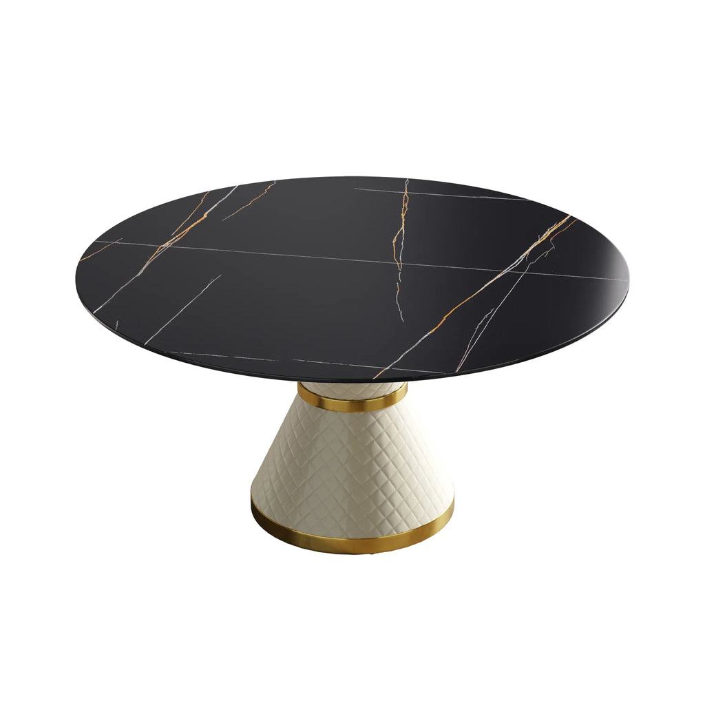 Marbella Sintered Stone Dining Table | 59" Matte Black Round With Leather-Covered Base
