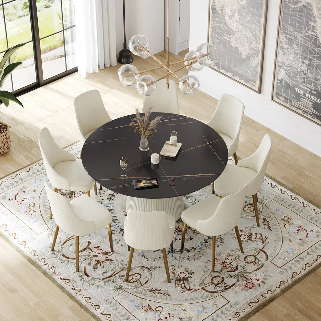 Marbella Sintered Stone Dining Table | 59" Matte Black Round With Leather-Covered Base