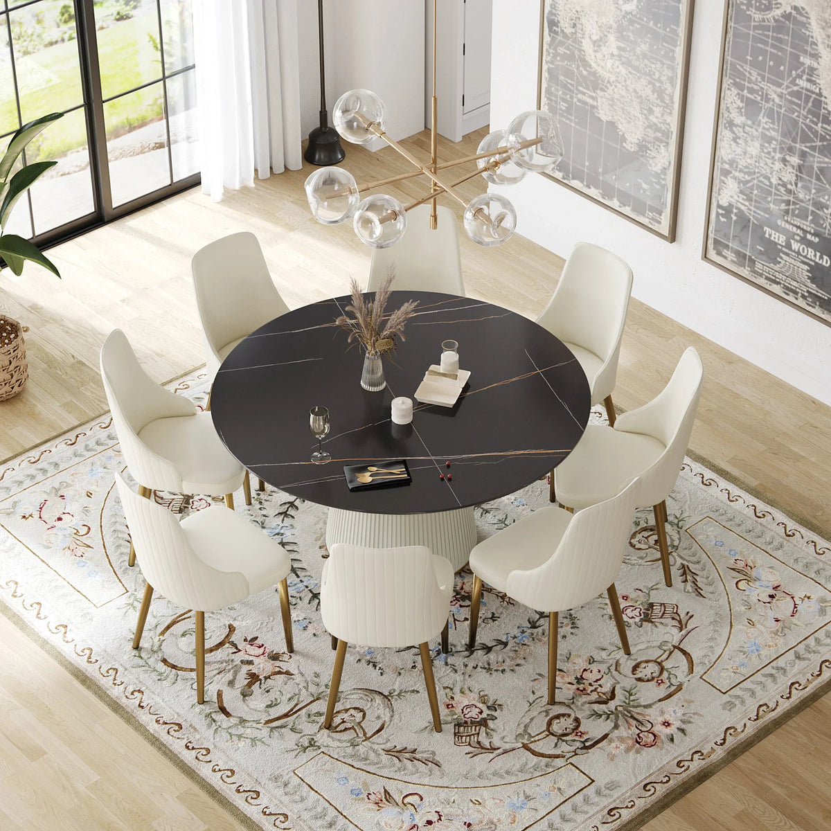 Marbella Sintered Stone Dining Table | 59" Matte Black Round With Leather-Covered Base