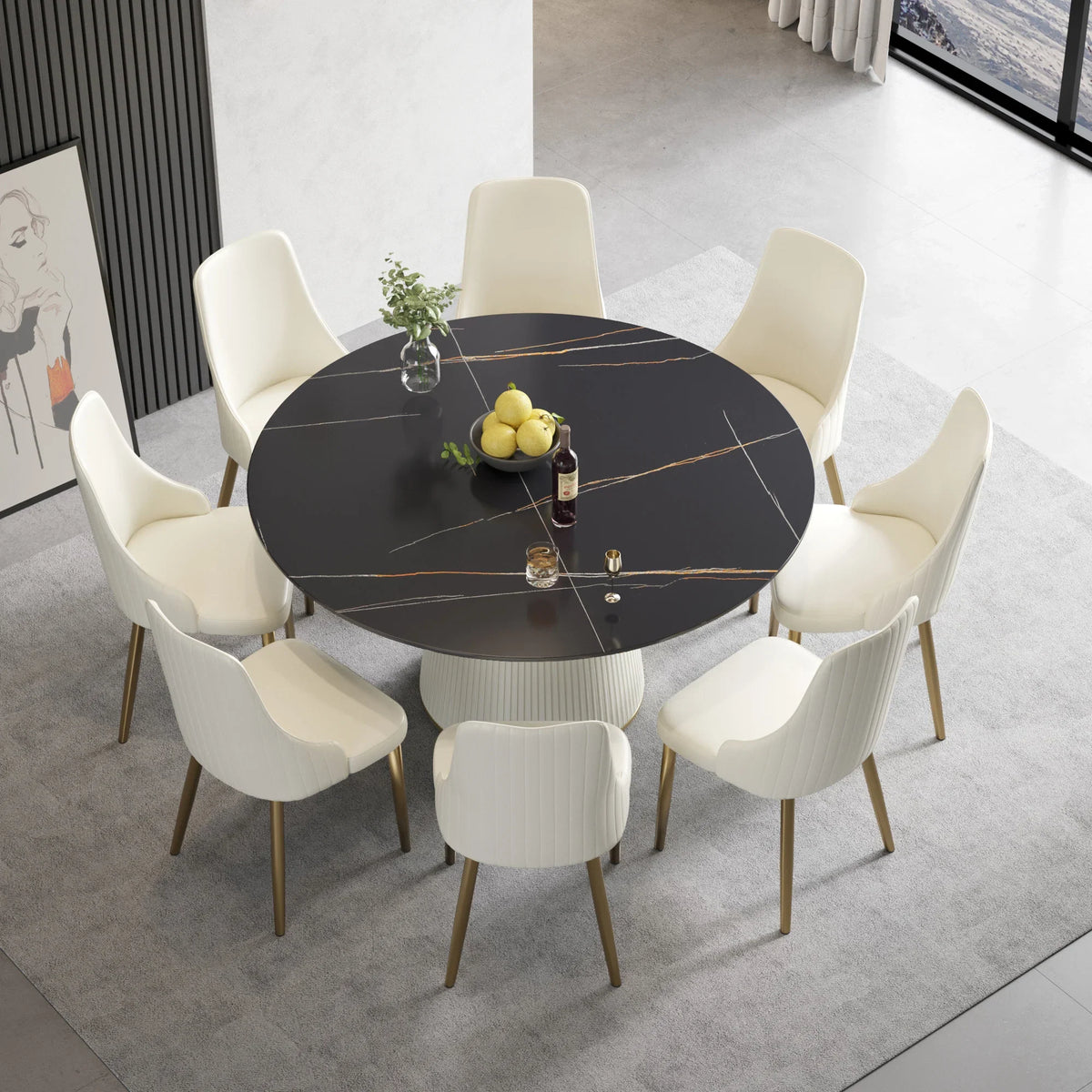 Marbella Sintered Stone Dining Table | 59" Matte Black Round With Leather-Covered Base