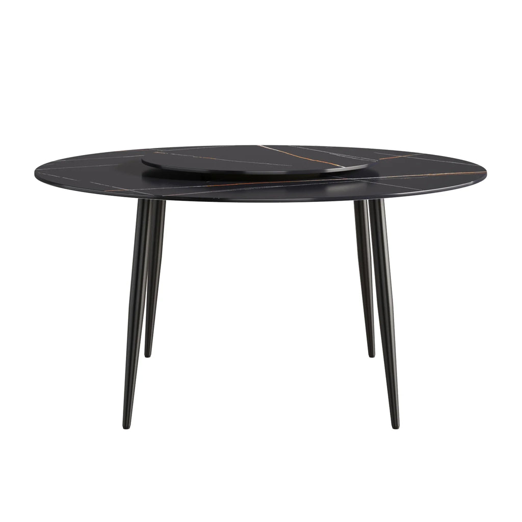 Marbella Sintered Stone Dining Table | 59" Matte Black Round With Metal Base & Lazy Susan