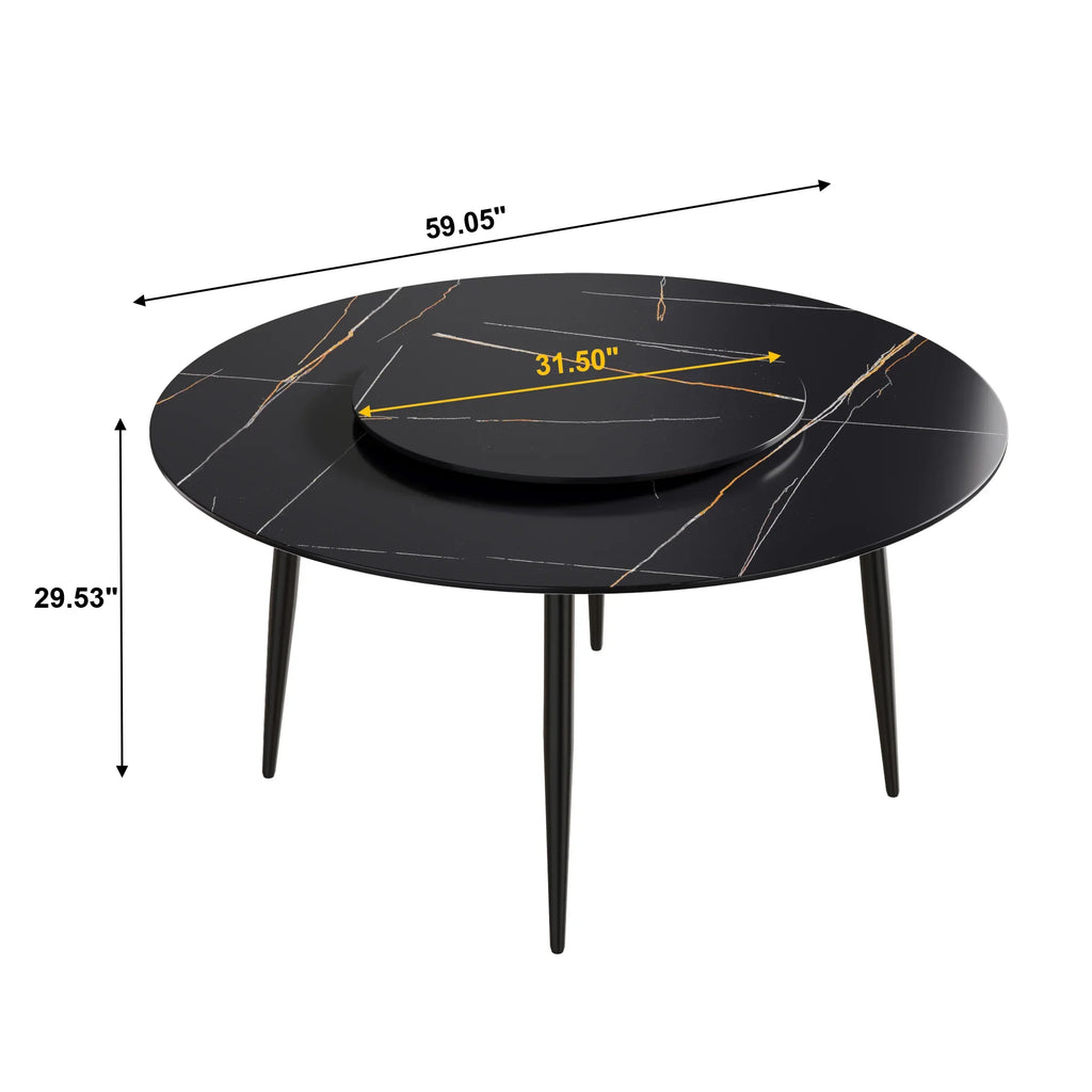 Marbella Sintered Stone Dining Table | 59" Matte Black Round With Metal Base & Lazy Susan