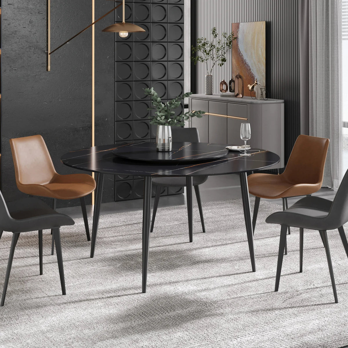 Marbella Sintered Stone Dining Table | 59" Matte Black Round With Metal Base & Lazy Susan