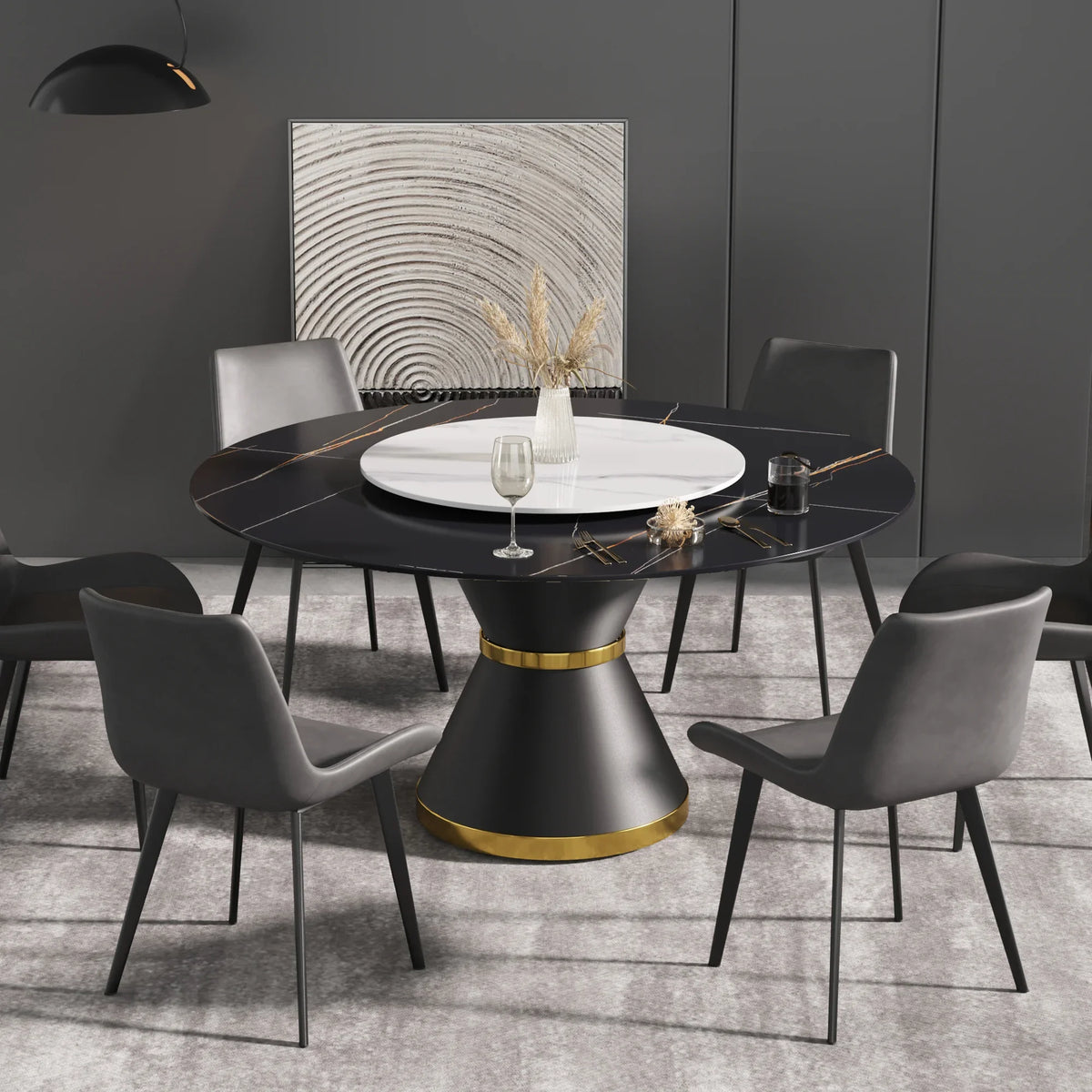 Marbella Sintered Stone Dining Table | 59" Matte Black Round With Metal Base & Lazy Susan