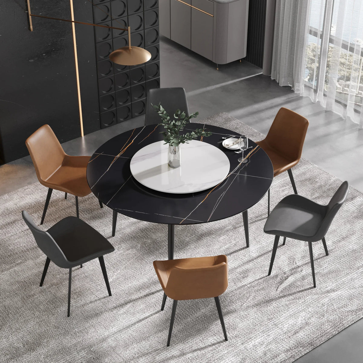 Marbella Sintered Stone Dining Table | 59" Matte Black Round With Metal Base & Lazy Susan