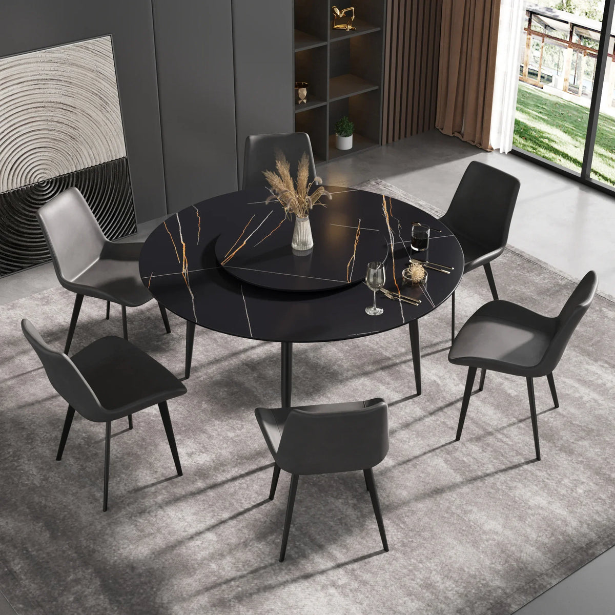 Marbella Sintered Stone Dining Table | 59" Matte Black Round With Metal Base & Lazy Susan