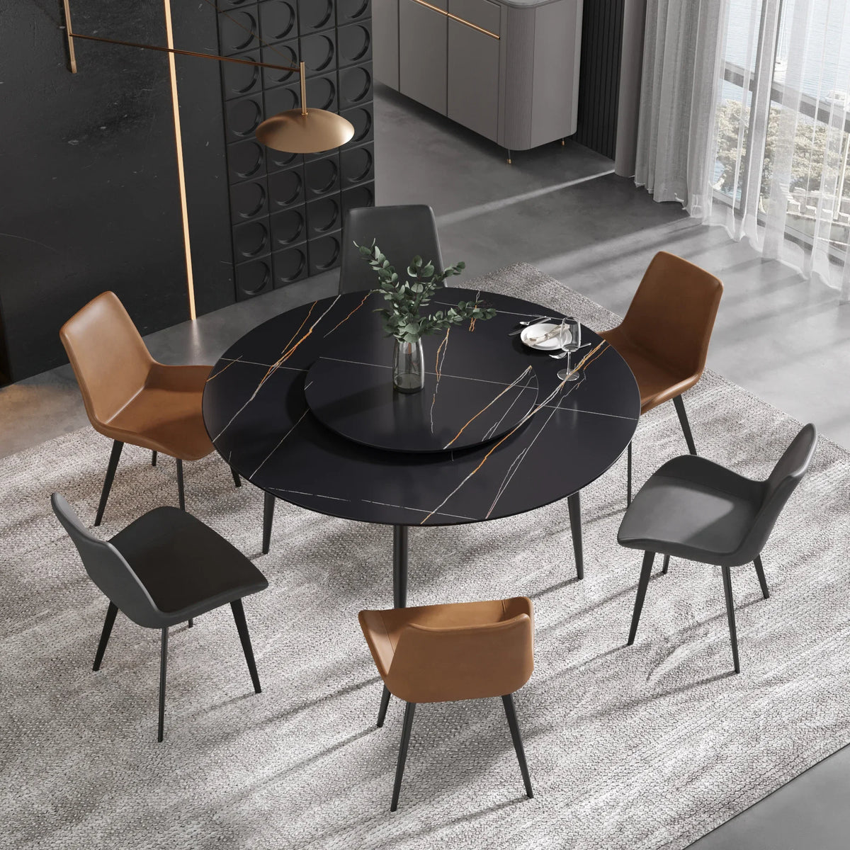 Marbella Sintered Stone Dining Table | 59" Matte Black Round With Metal Base & Lazy Susan