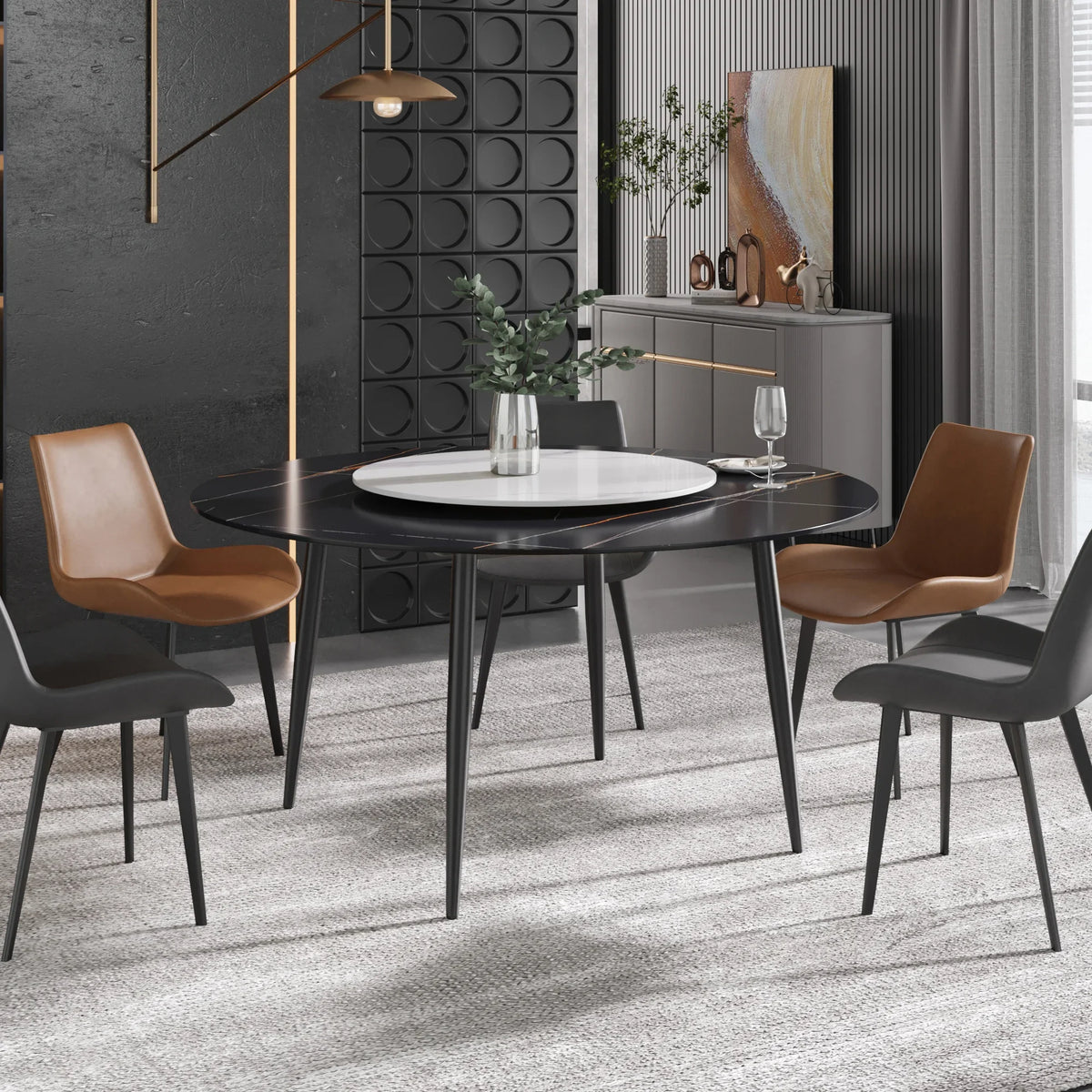 Marbella Sintered Stone Dining Table | 59" Matte Black Round With Metal Base & Lazy Susan