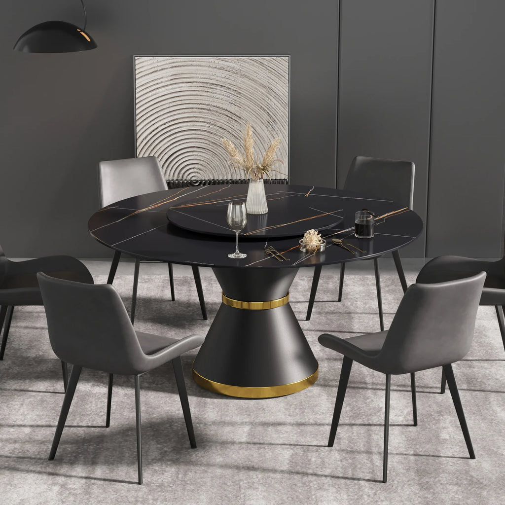 Marbella Sintered Stone Dining Table | 59" Matte Black Round With Metal Base & Lazy Susan