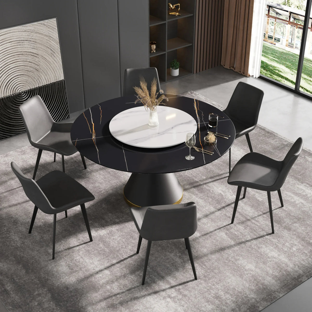 Marbella Sintered Stone Dining Table | 59" Matte Black Round With Metal Base & Lazy Susan