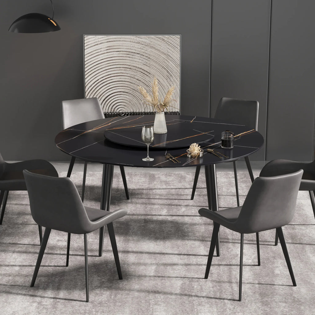 Marbella Sintered Stone Dining Table | 59" Matte Black Round With Metal Base & Lazy Susan