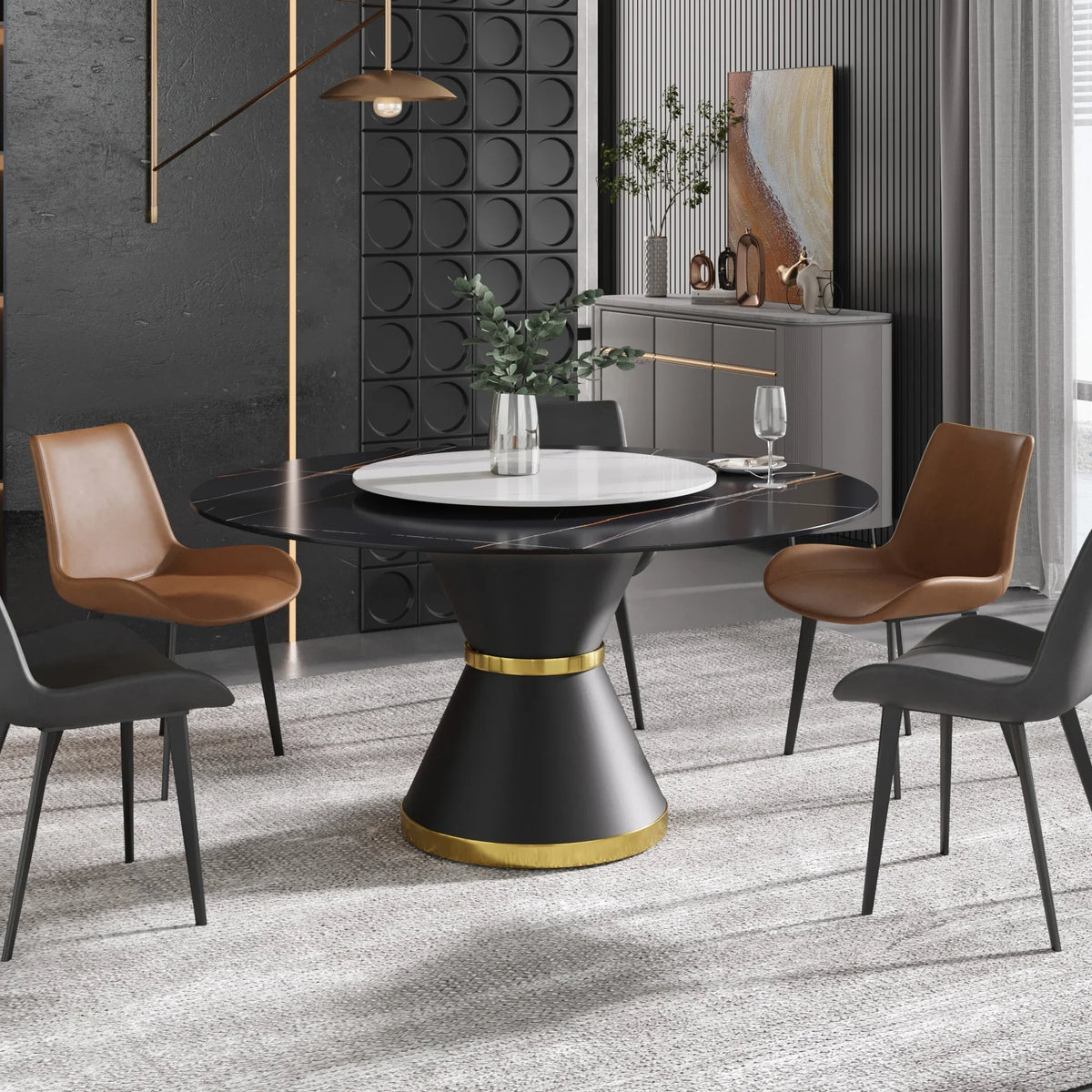 Marbella Sintered Stone Dining Table | 59" Matte Black Round With Metal Base & Lazy Susan