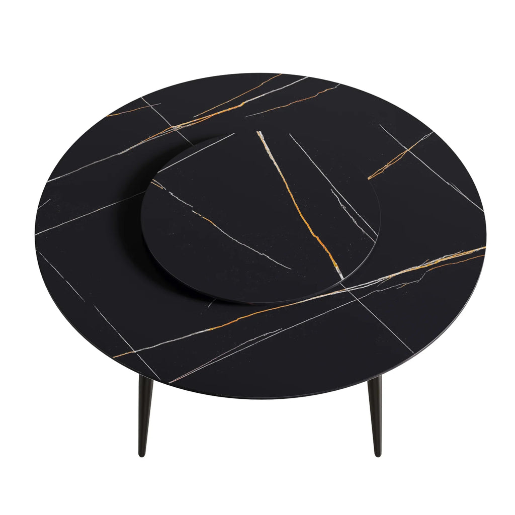 Marbella Sintered Stone Dining Table | 59" Matte Black Round With Metal Base & Lazy Susan