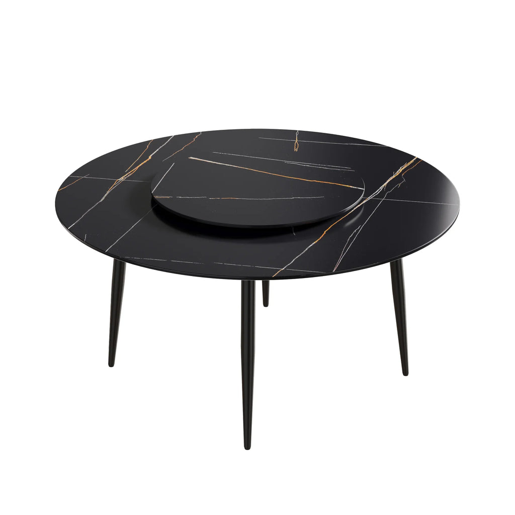 Marbella Sintered Stone Dining Table | 59" Matte Black Round With Metal Base & Lazy Susan