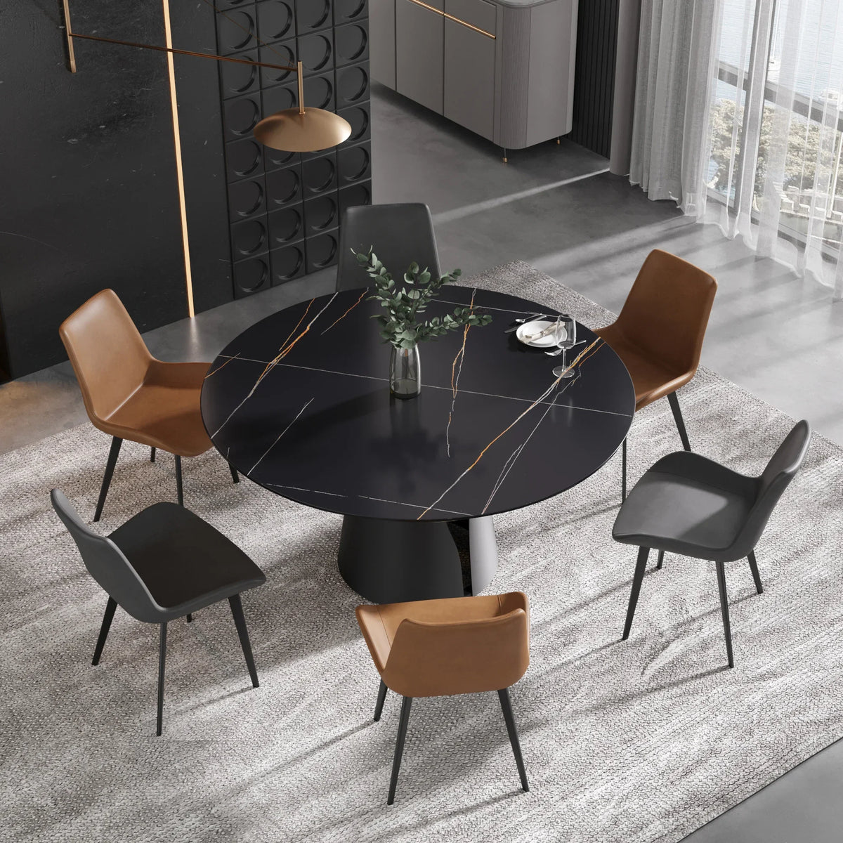 Marbella Sintered Stone Dining Table | 59" Matte Black Round With Metal Base