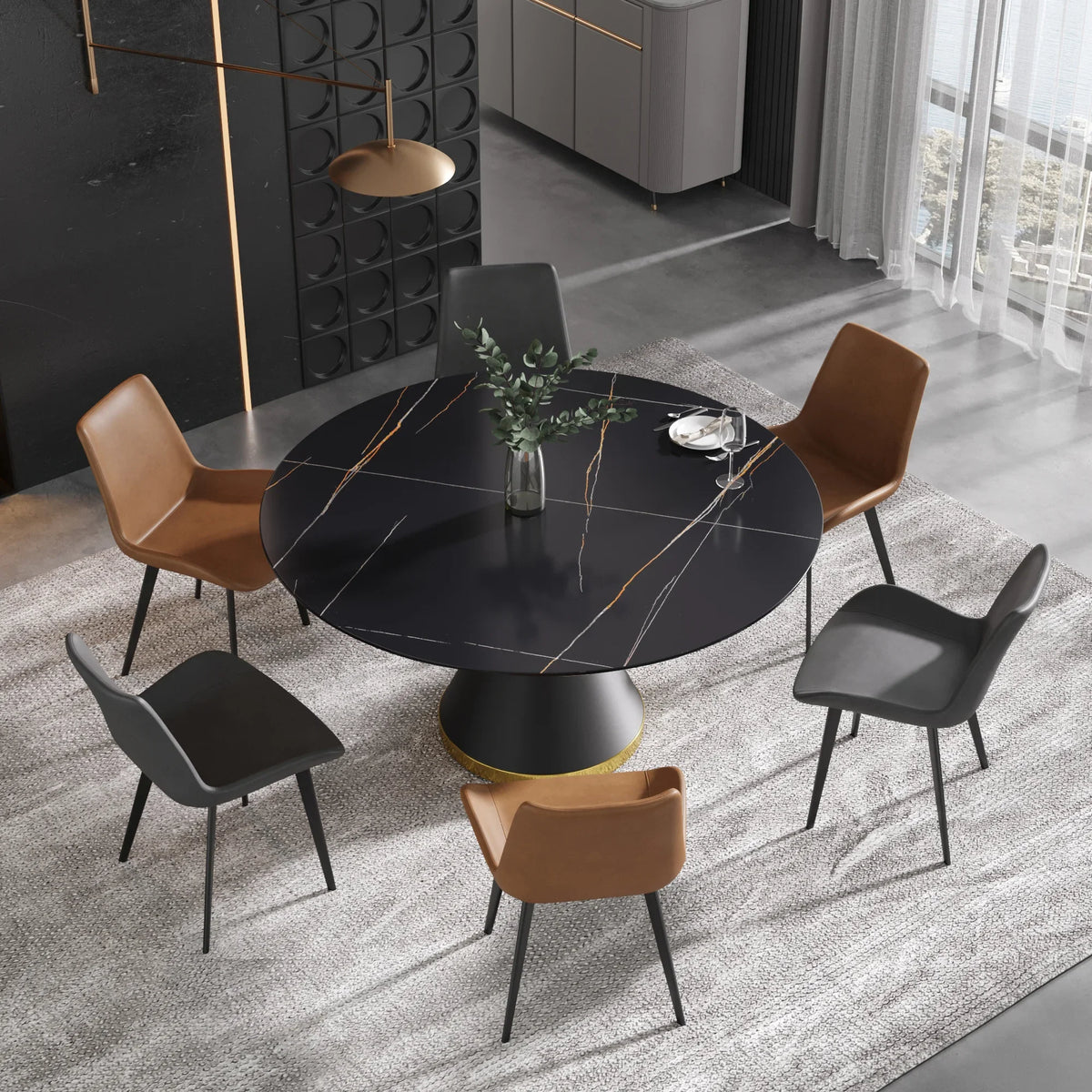 Marbella Sintered Stone Dining Table | 59" Matte Black Round With Metal Base