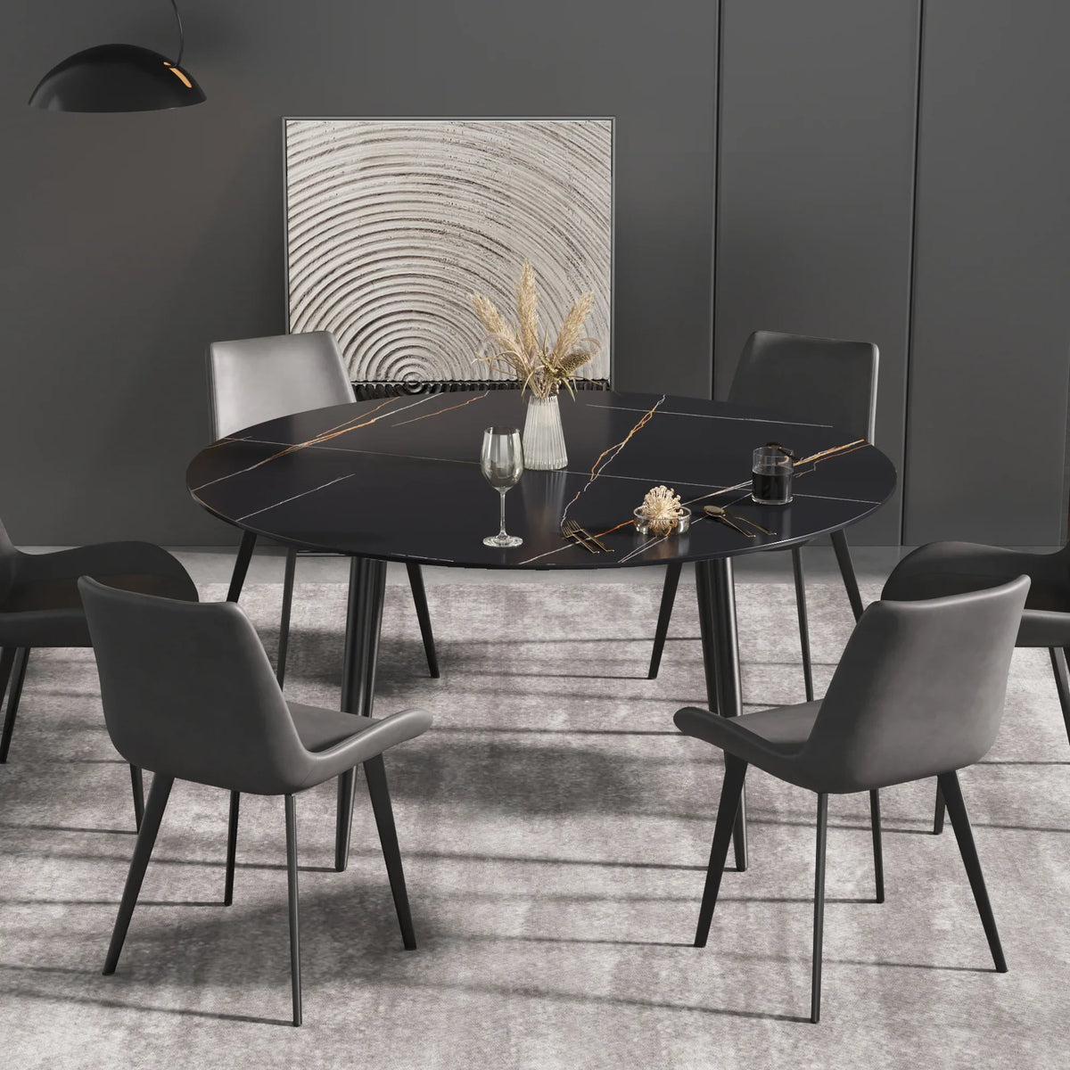 Marbella Sintered Stone Dining Table | 59" Matte Black Round With Metal Base