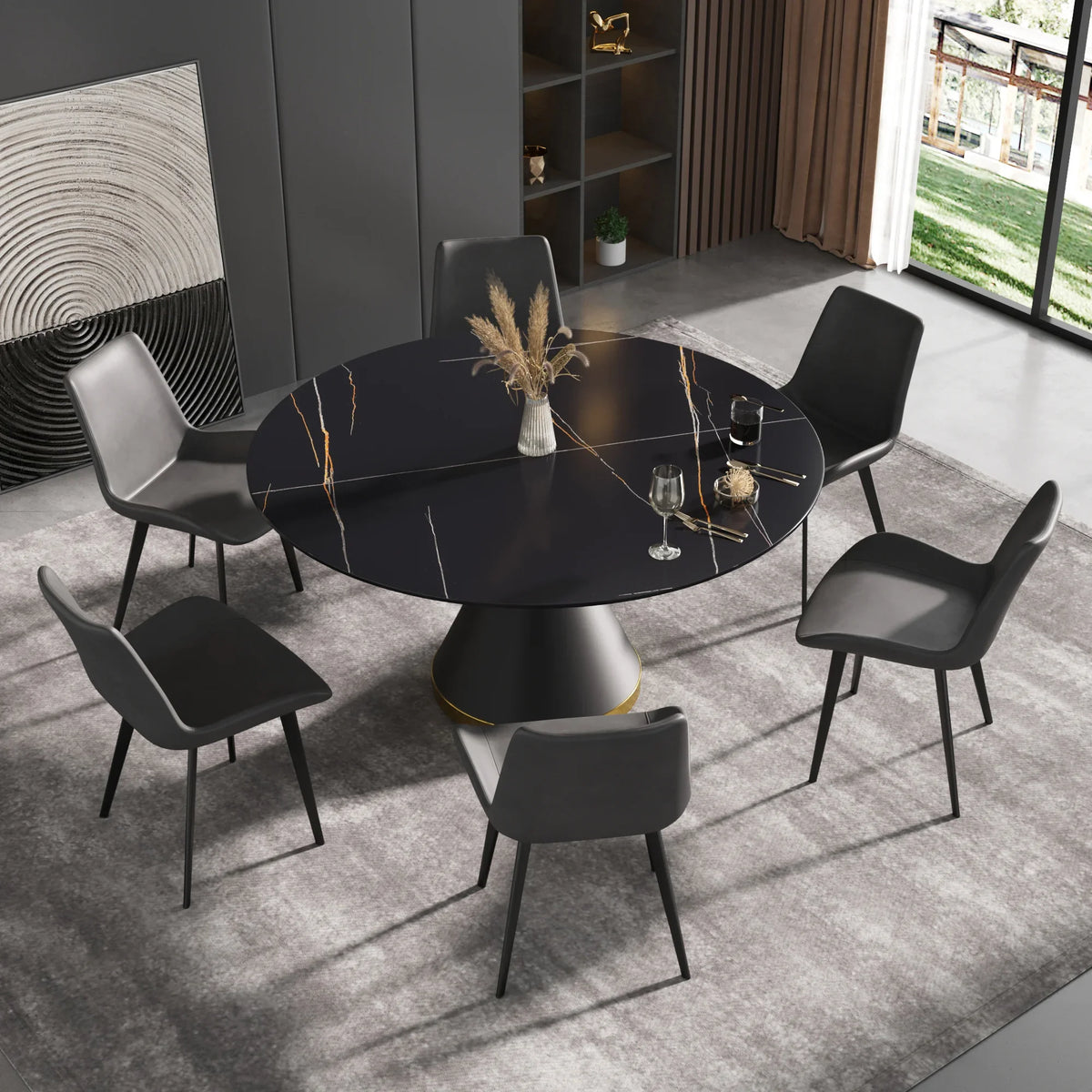 Marbella Sintered Stone Dining Table | 59" Matte Black Round With Metal Base