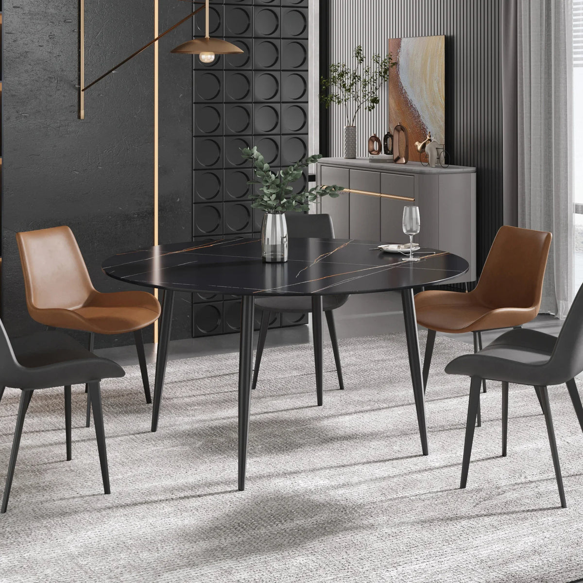 Marbella Sintered Stone Dining Table | 59" Matte Black Round With Metal Base