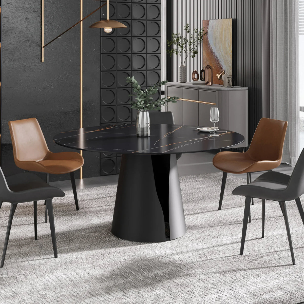 Marbella Sintered Stone Dining Table | 59" Matte Black Round With Metal Base