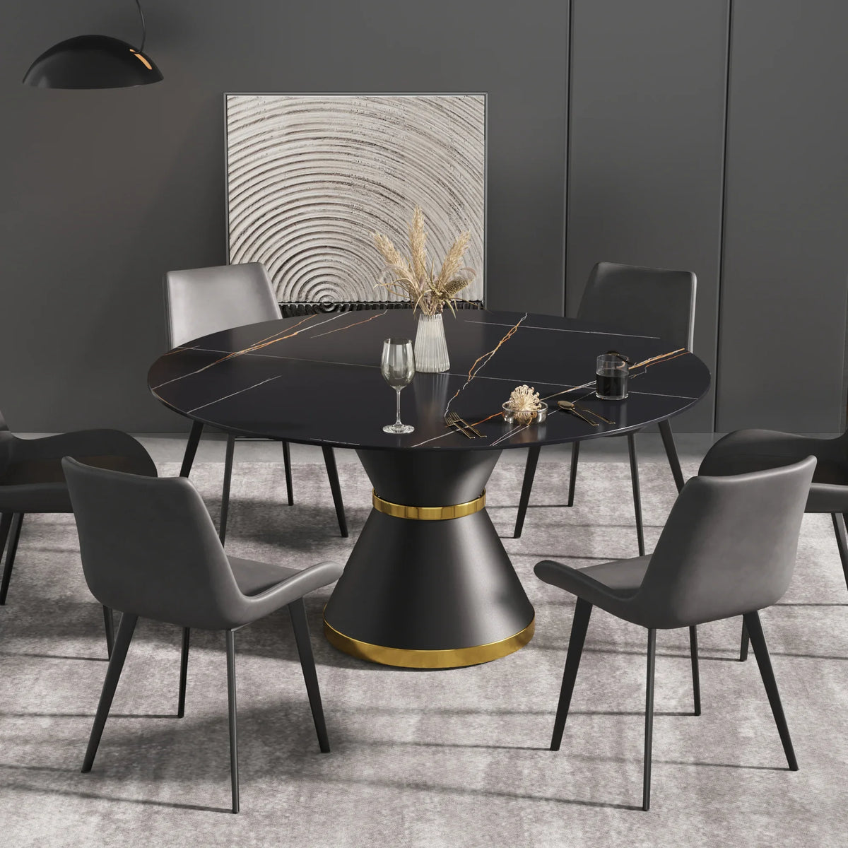 Marbella Sintered Stone Dining Table | 59" Matte Black Round With Metal Base