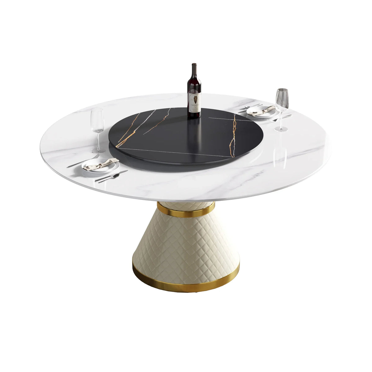 Marbella Sintered Stone Dining Table | 59" White Gloss Round With Lazy Susan Turntable