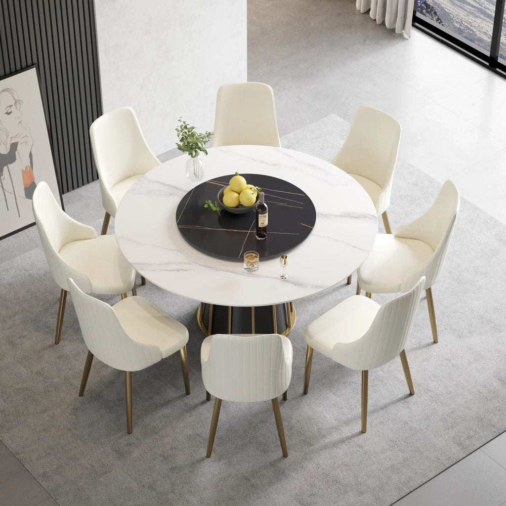 Marbella Sintered Stone Dining Table | 59" White Gloss Round With Lazy Susan Turntable