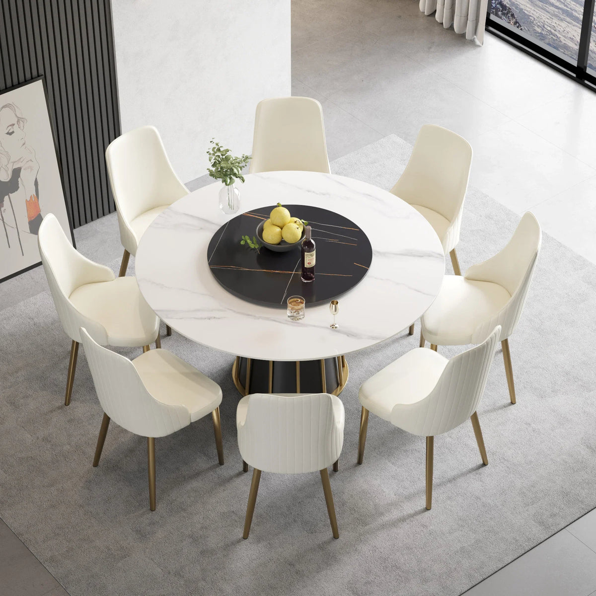 Marbella Sintered Stone Dining Table | 59" White Gloss Round With Lazy Susan Turntable