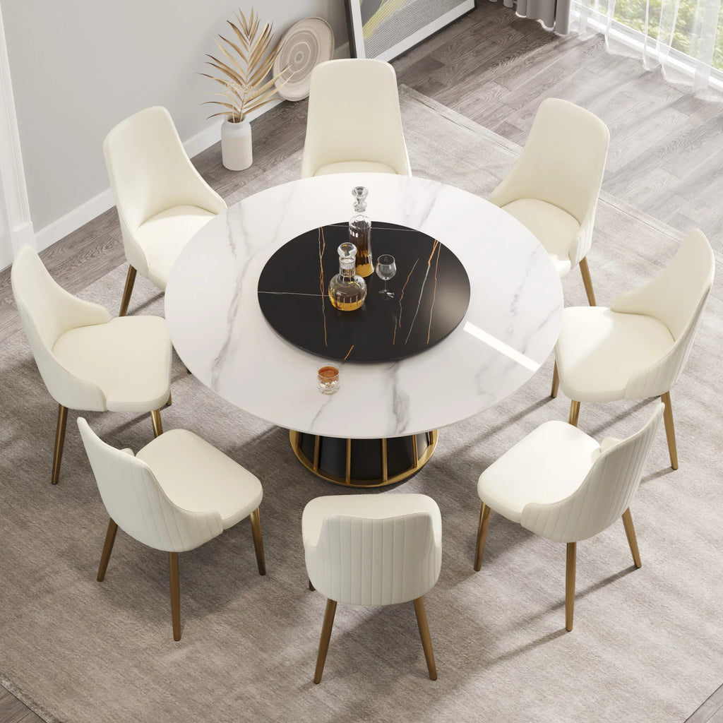 Marbella Sintered Stone Dining Table | 59" White Gloss Round With Lazy Susan Turntable