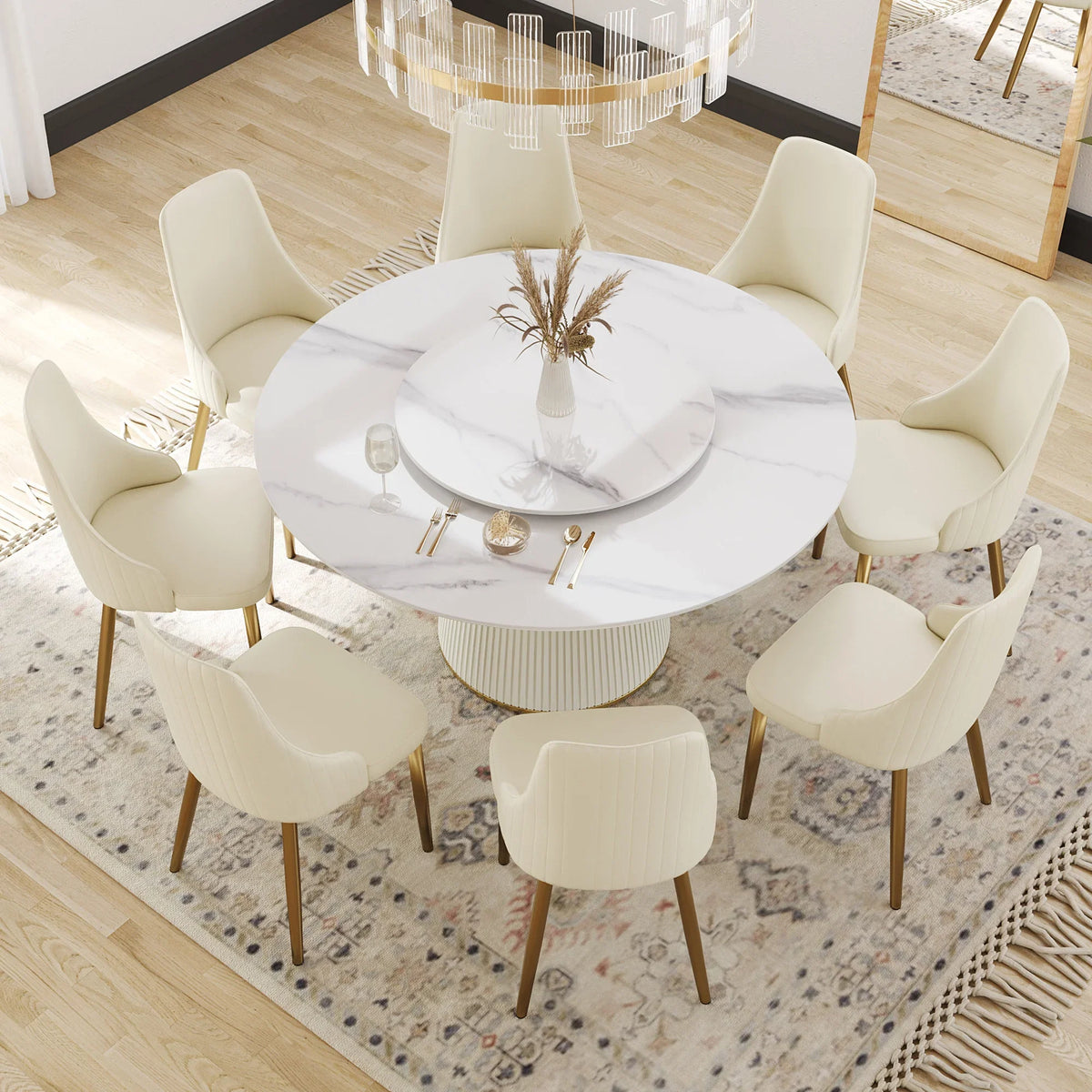 Marbella Sintered Stone Dining Table | 59" White Gloss Round With Lazy Susan Turntable