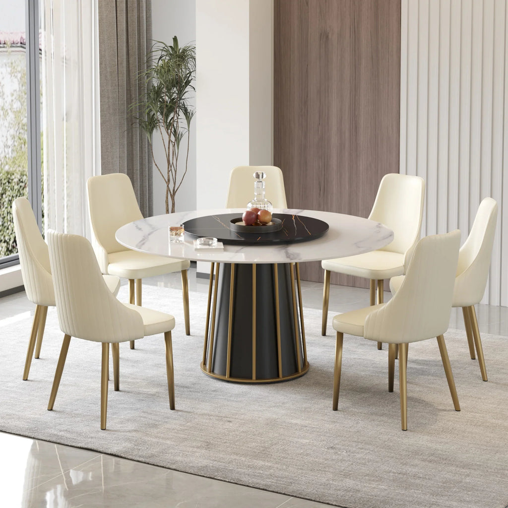 Marbella Sintered Stone Dining Table | 59" White Gloss Round With Lazy Susan Turntable