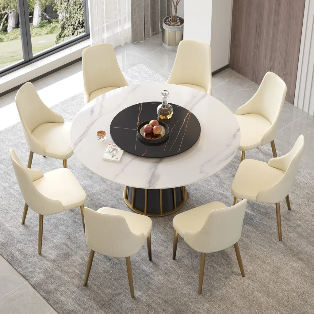 Marbella Sintered Stone Dining Table | 59" White Gloss Round With Lazy Susan Turntable