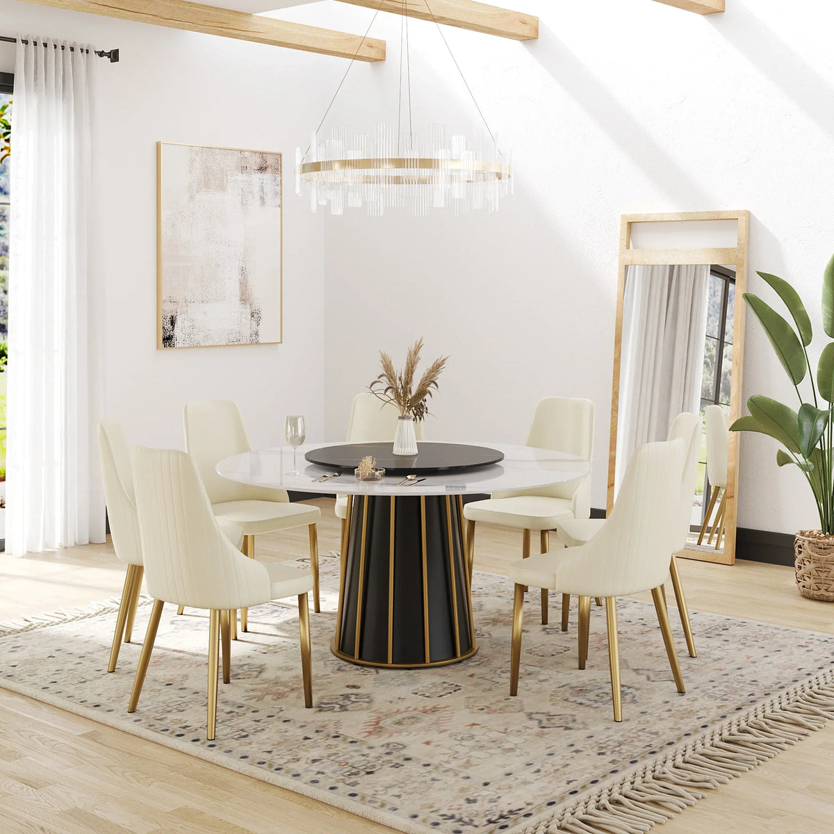 Marbella Sintered Stone Dining Table | 59" White Gloss Round With Lazy Susan Turntable