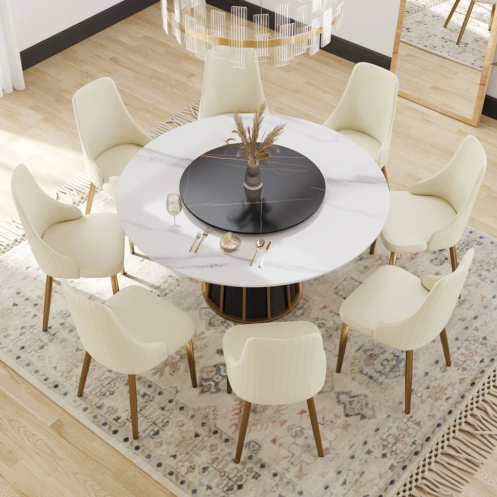 Marbella Sintered Stone Dining Table | 59" White Gloss Round With Lazy Susan Turntable