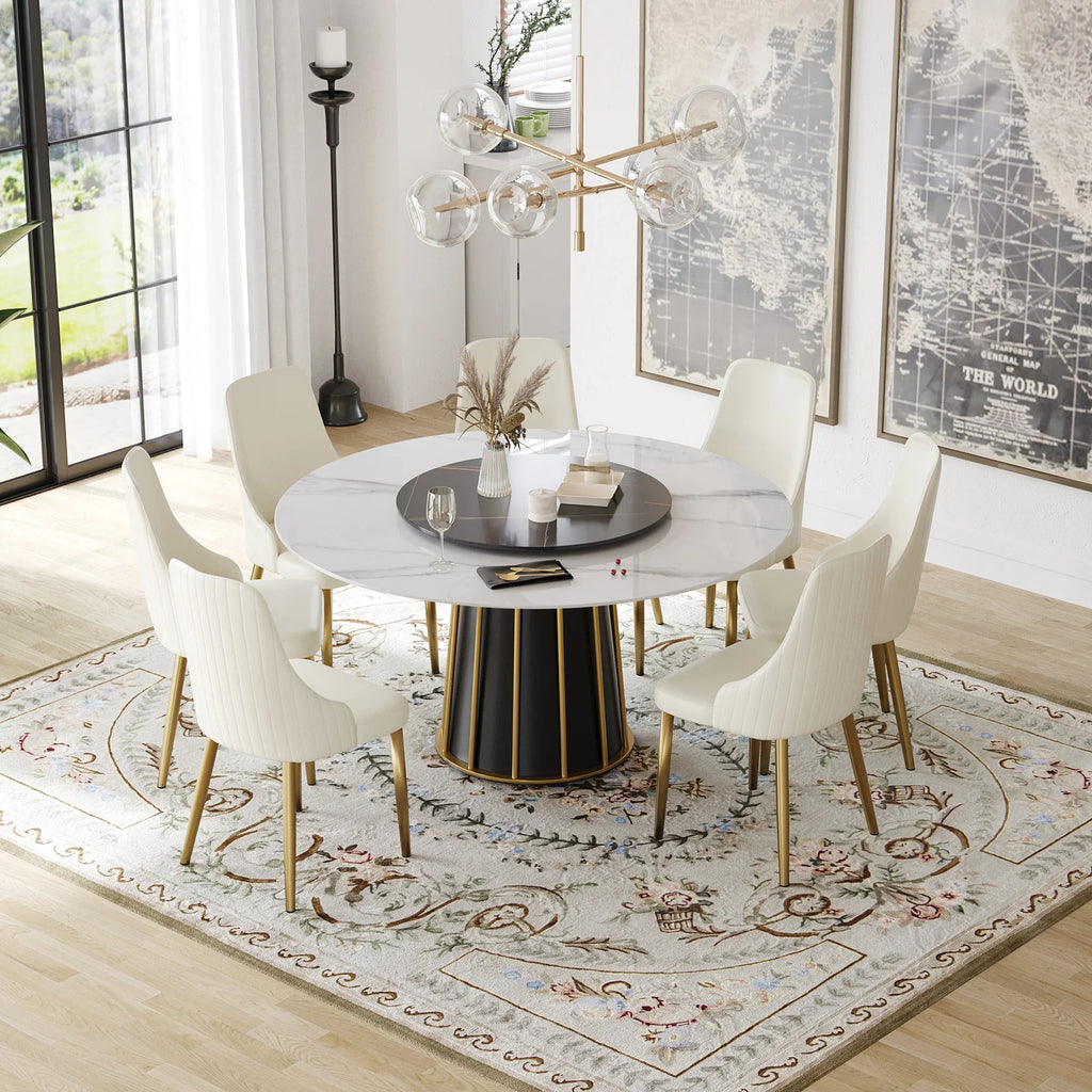 Marbella Sintered Stone Dining Table | 59" White Gloss Round With Lazy Susan Turntable
