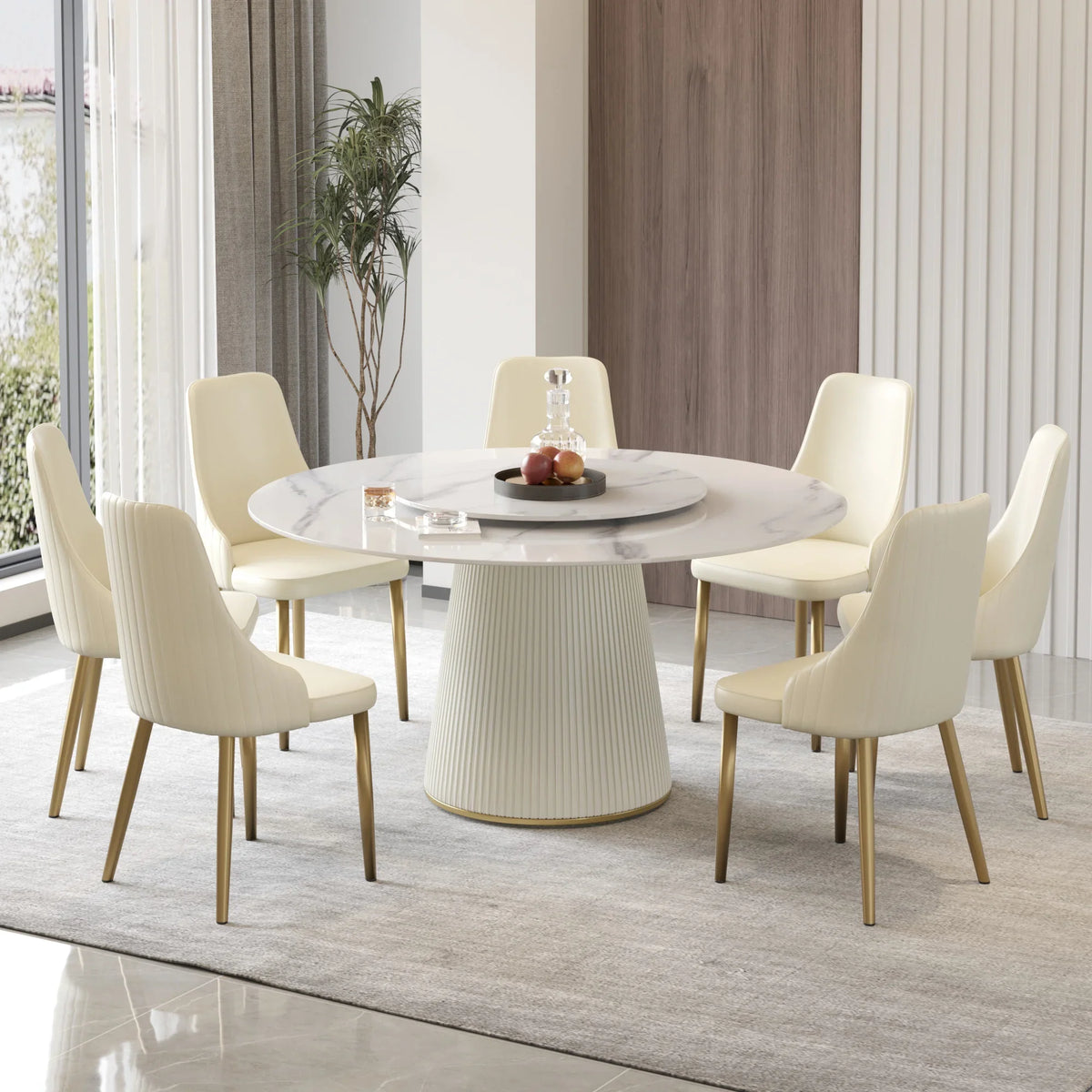 Marbella Sintered Stone Dining Table | 59" White Gloss Round With Lazy Susan Turntable