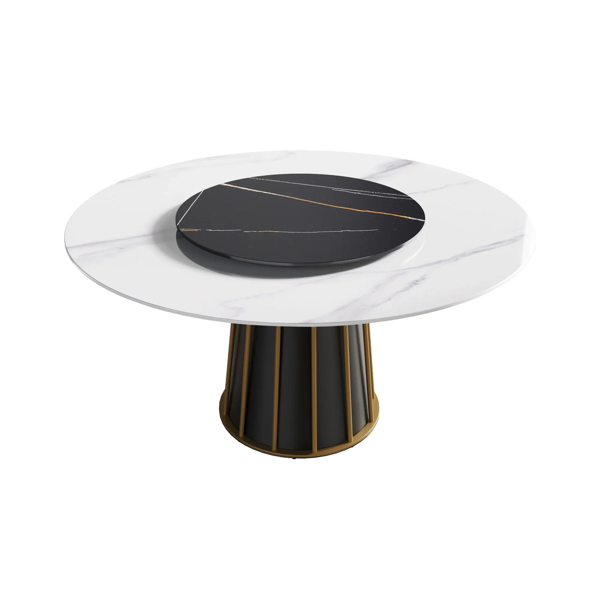 Marbella Sintered Stone Dining Table | 59" White Gloss Round With Lazy Susan Turntable