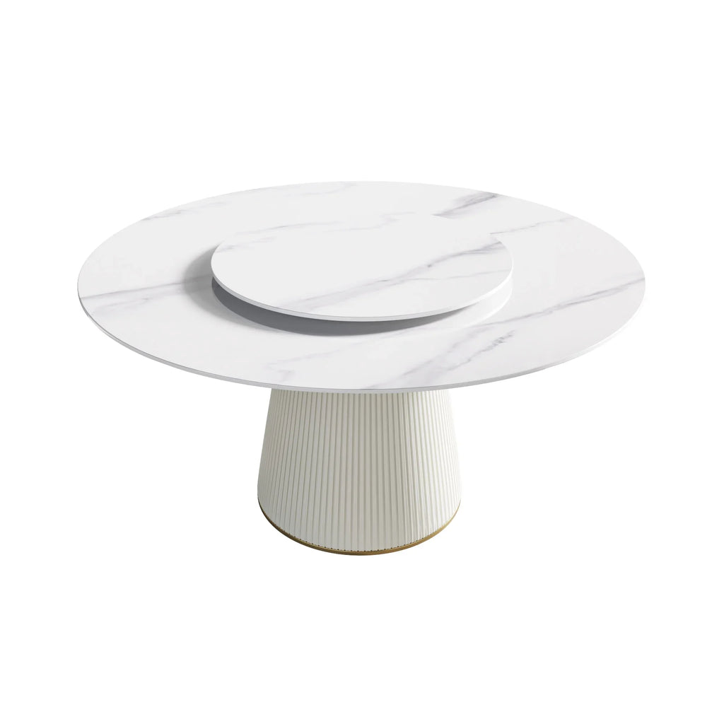 Marbella Sintered Stone Dining Table | 59" White Gloss Round With Lazy Susan Turntable