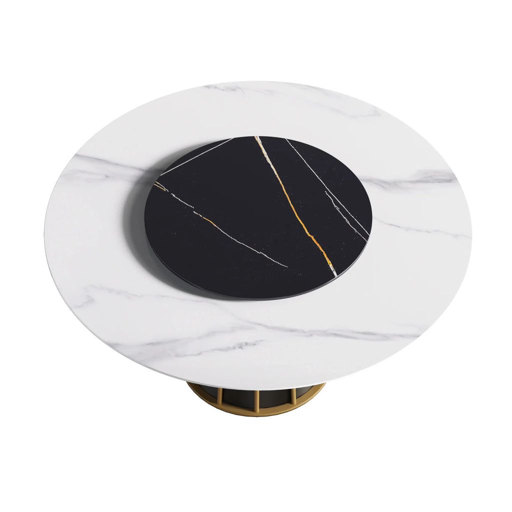 Marbella Sintered Stone Dining Table | 59" White Gloss Round With Lazy Susan Turntable