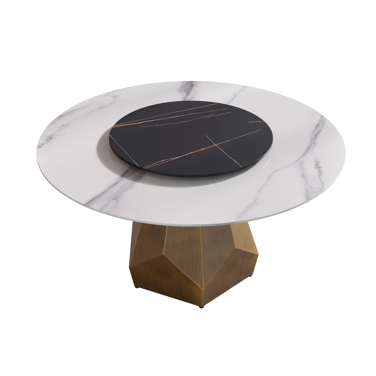 Marbella Sintered Stone Dining Table | 59" White Gloss Round With Lazy Susan Turntable