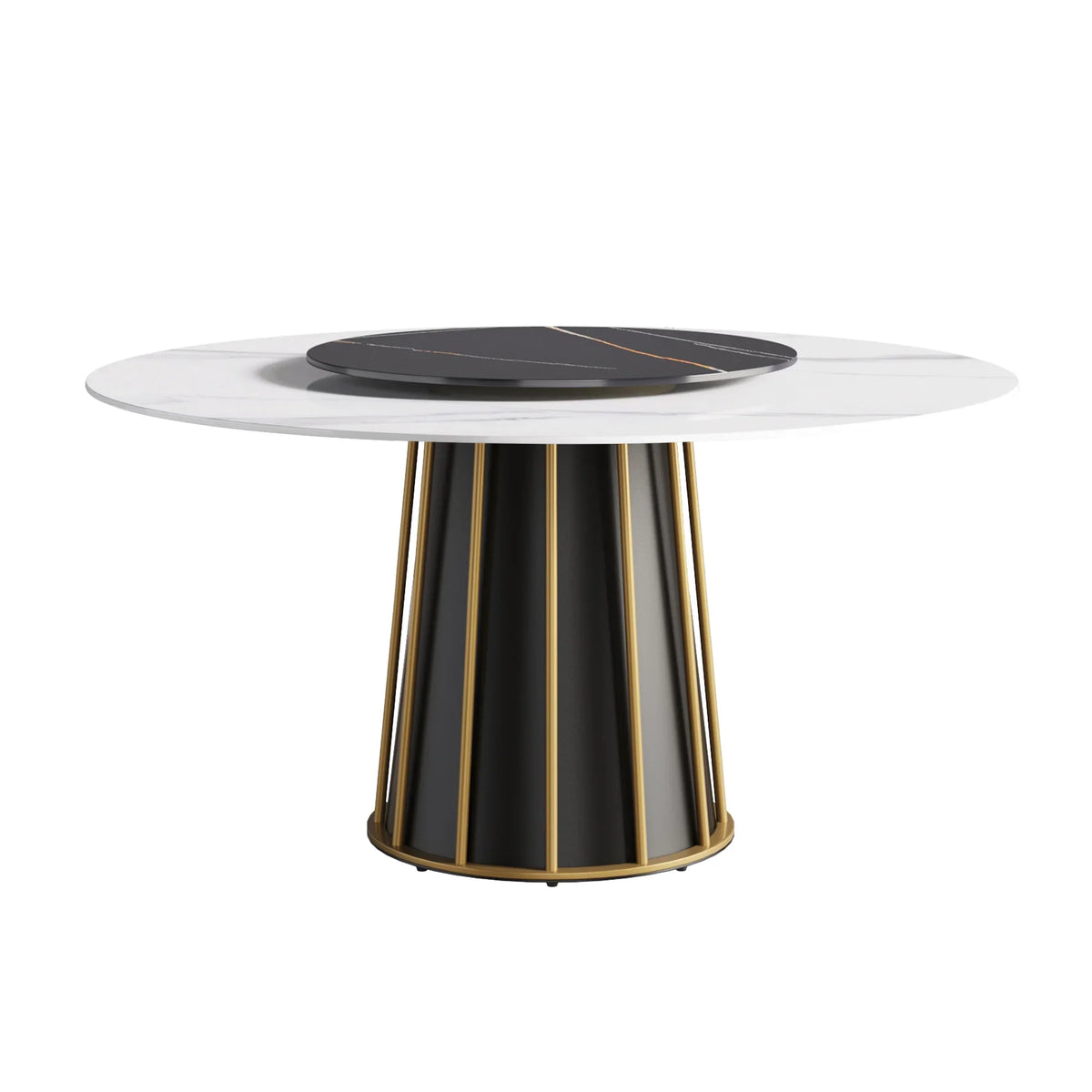 Marbella Sintered Stone Dining Table | 59" White Gloss Round With Lazy Susan Turntable
